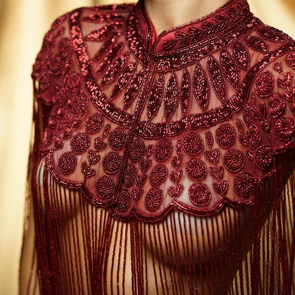 Red Fringe Cape, Rhinestone Beaded Shawl, Luxury Sequin Cape, Festival Outfit - Picture 12 of 13